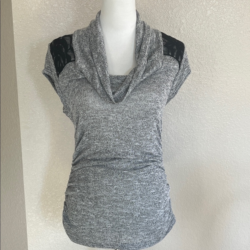 Iz Byer Gray Cowl Neck Top with Black Lace Accents